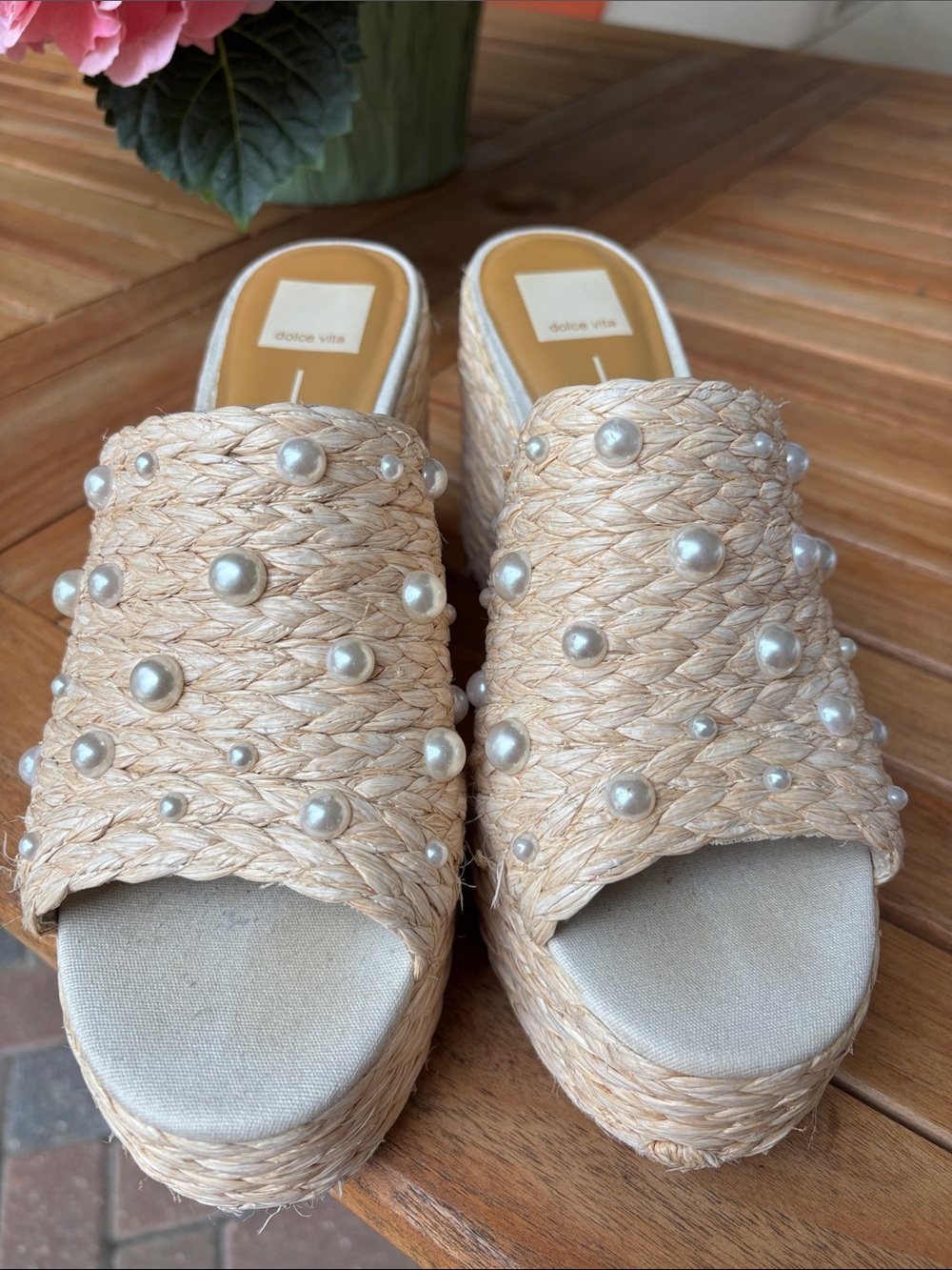 Dolce Vita Natural Woven Pearl-Embellished Platform Mules